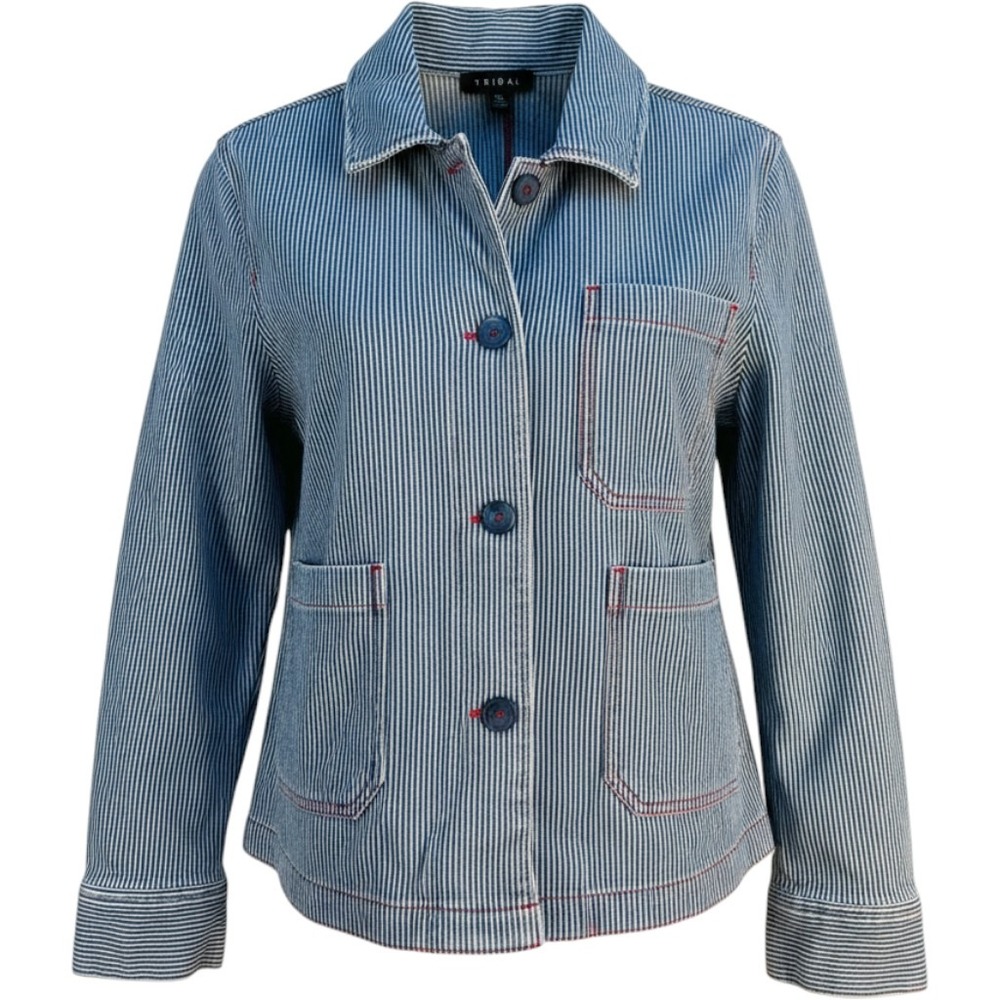 Tribal Blairs Blue White Hickory Stripe Chore Jacket Button Front Small 17770